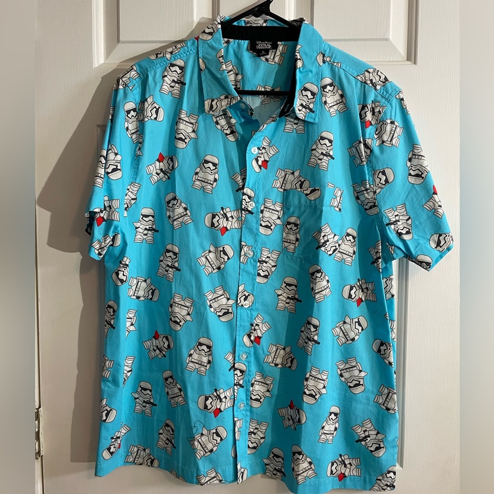 Men's Large (L) Blue Disney Parks Stylized Stormtrooper Button Down Camp Shirt
